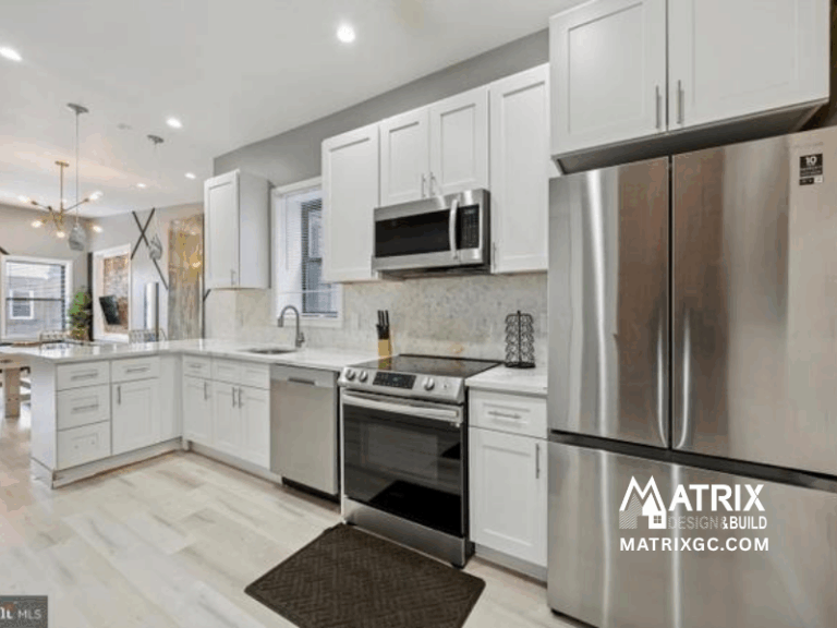 White shaker kitchen with stainless appliances in a Philadelphia renovation