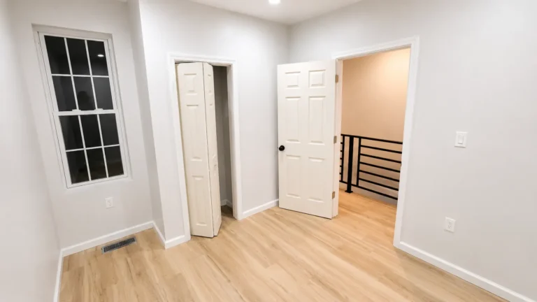 Bedroom with new floors and windows in N Hollywood St 203(k) renovation